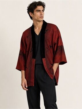 Vintage Japanese Haori Jacket Red Black Velvet Trim Kimono